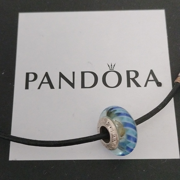 Pandora Blue Stripes Murano Glass Bead Charm Retired 925 ALE 790611 - Picture 5 of 6
